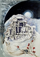 NEVE ALLA SACRA CON CINCIA acquerello 50 x 70