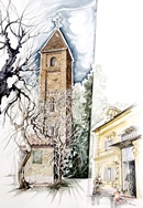 Rivoli ANTICO CAMPANILE IN VILLA acquerello 50 x 70