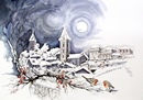 Rivoli PANORAMA CON NEVE acquerello 50 x 70
