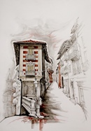Rivoli VIA AL CASTELLO CON SANTA CROCE acquerello 50 x 70