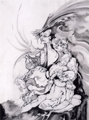 LA GLORIA LA MORTE E IL CAVALIERE tecnica mista su carta 35 x 50