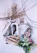 Yemen BIMBI A THILA acquerello 35 x 50