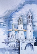 Yemen I MINARETI BLU DI ADEN acquerello 35 x 50