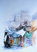 Yemen MERCATO DI STOFFE acquerello 35 x 50