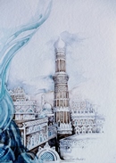 Yemen MINARETO DI SHAN'AH acquerello 35 x 50