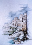 Yemen NEBBIA A KAWKABAN acquerello 35 x 50