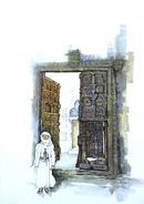 Yemen PORTALE DI MOSCHEA acquerello 50 x 70