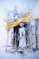 Yemen VENDITORE DI NARJILE acquerello 35 x 50